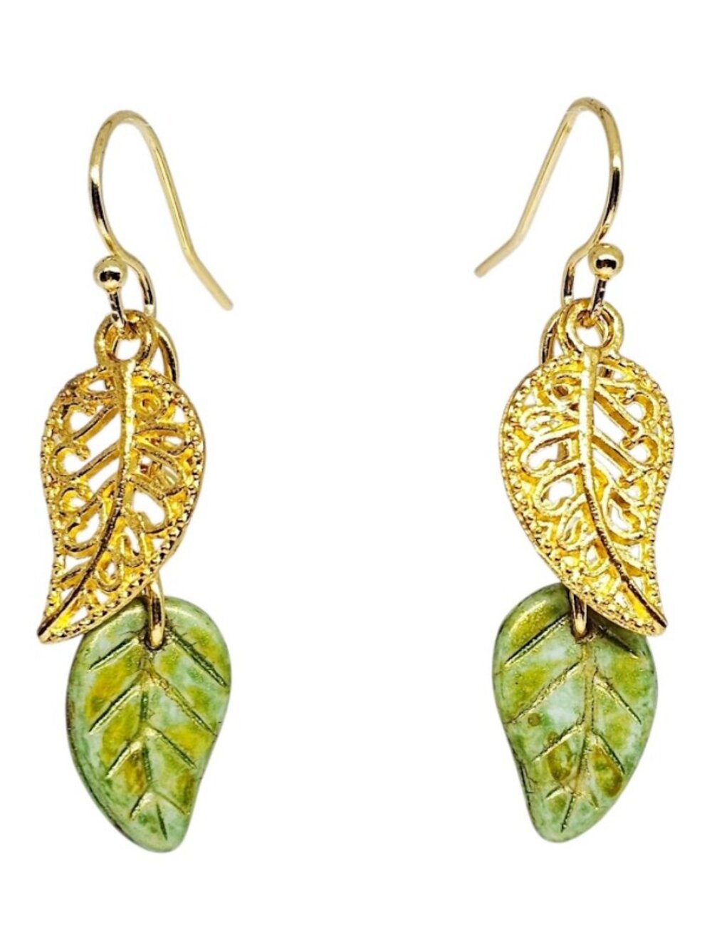Handmade Gold & Green Czech Elm Leaf Charm Boho Dangle Nature Inspired Earrings